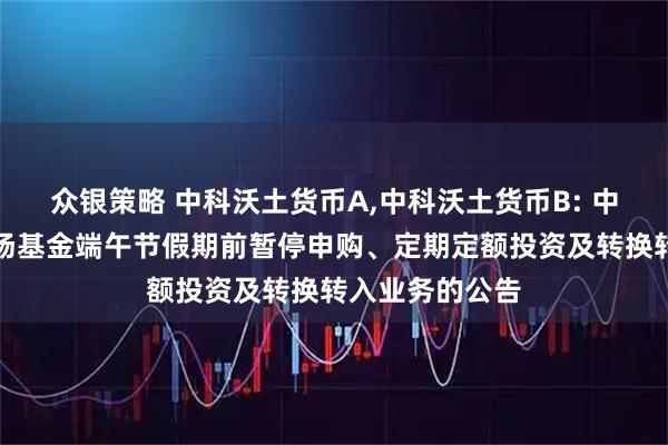 众银策略 中科沃土货币A,中科沃土货币B: 中科沃土货币市场基金端午节假期前暂停申购、定期定额投资及转换转入业务的公告